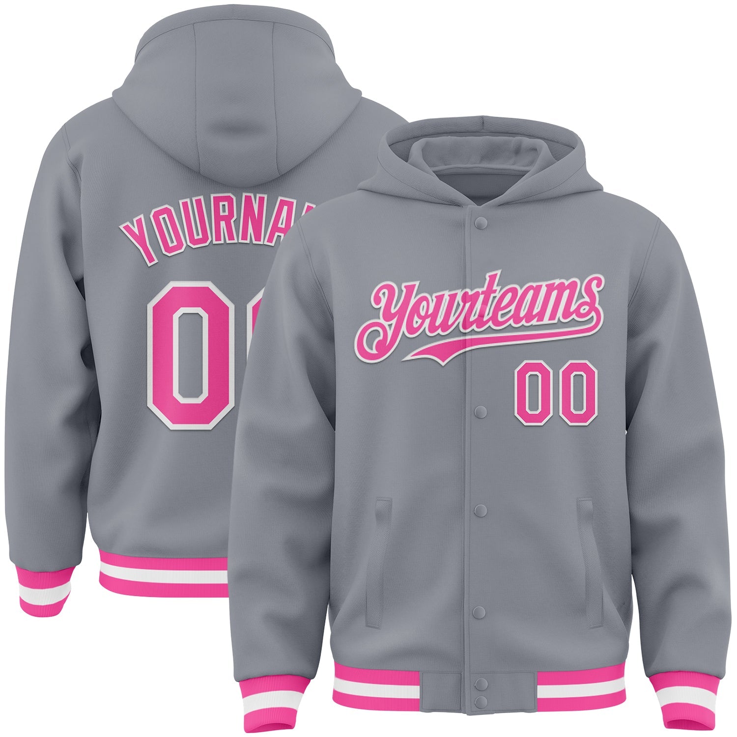 Custom Gray Pink-White Bomber Full-Snap Varsity Letterman Hoodie Jacket - Main View