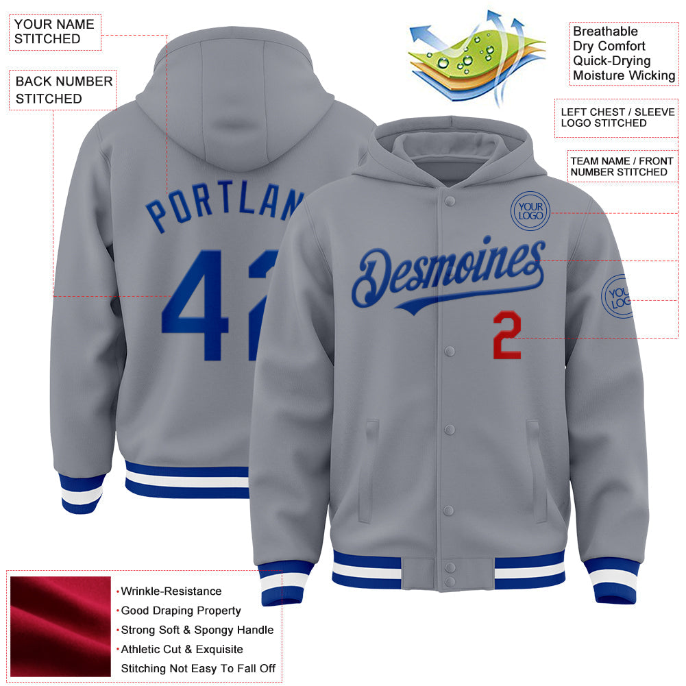 Custom Gray Royal-Red Bomber Full-Snap Varsity Letterman Hoodie Jacket view 3