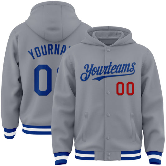 Custom Gray Royal-Red Bomber Full-Snap Varsity Letterman Hoodie Jacket - Main View