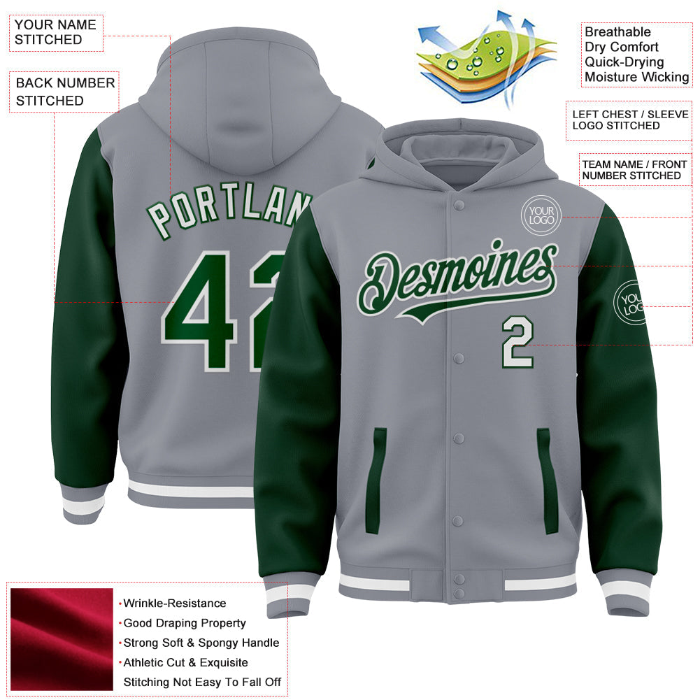 Custom Gray Green-White Bomber Full-Snap Varsity Letterman Two Tone Hoodie Jacket view 3