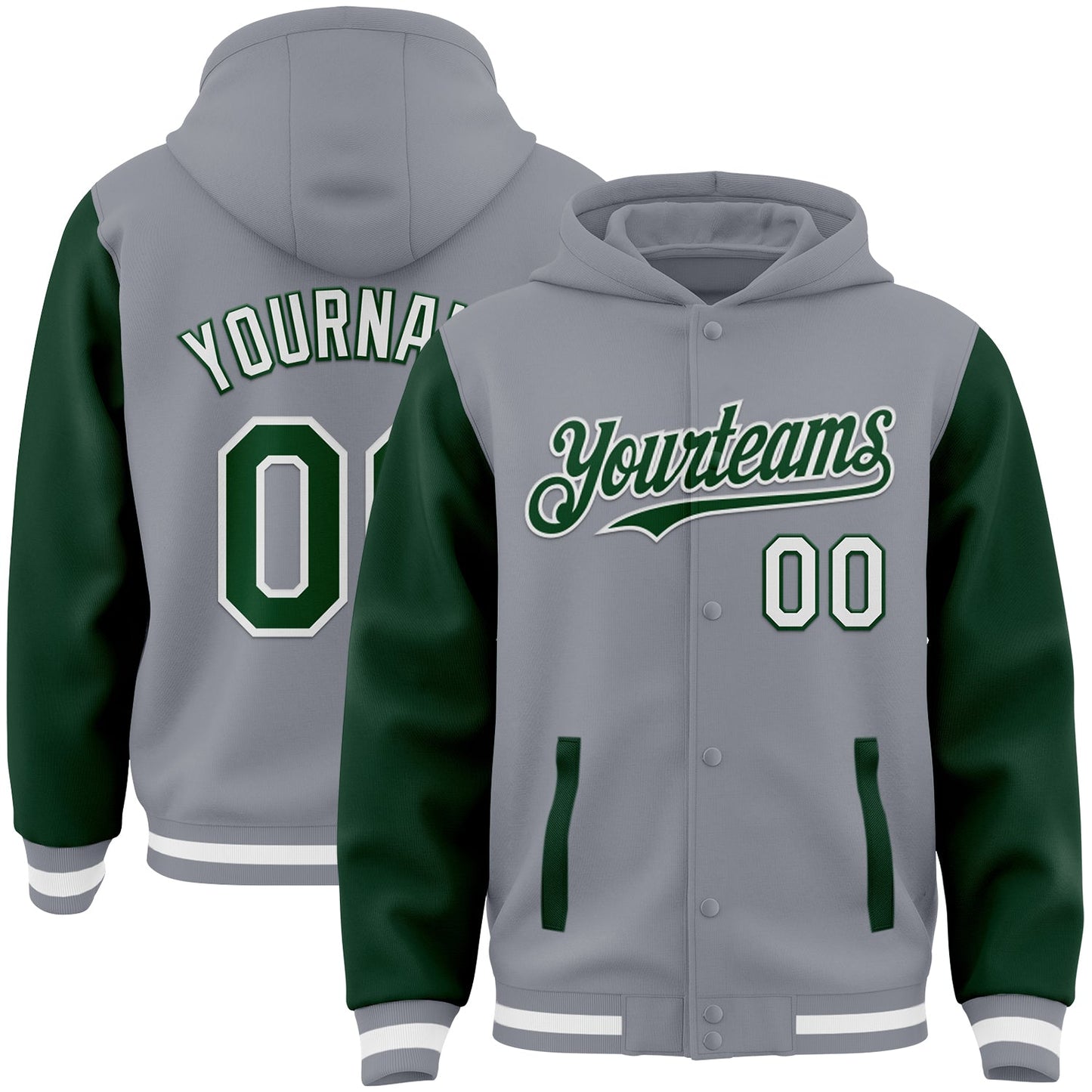 Custom Gray Green-White Bomber Full-Snap Varsity Letterman Two Tone Hoodie Jacket - Main View