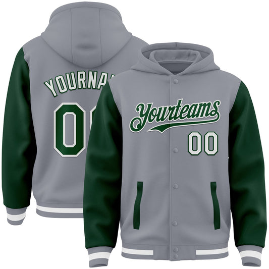 Custom Gray Green-White Bomber Full-Snap Varsity Letterman Two Tone Hoodie Jacket - Main View
