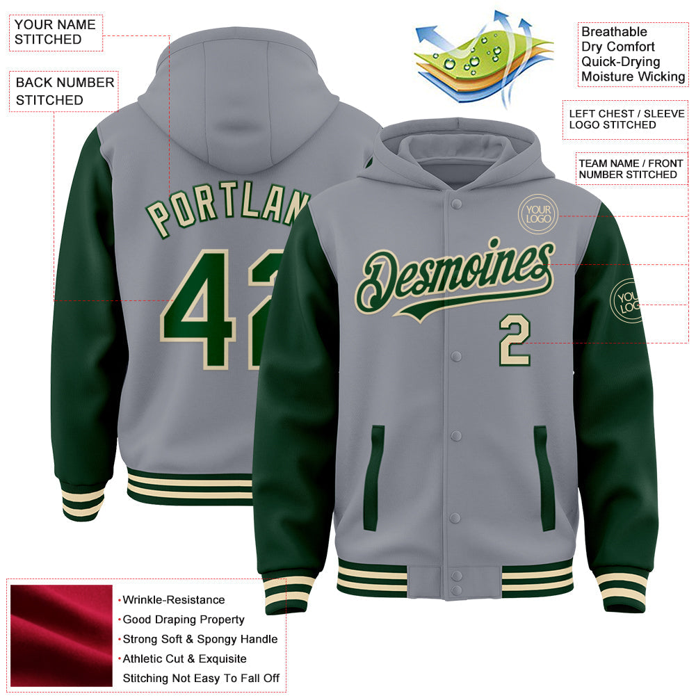 Custom Gray Green-Cream Bomber Full-Snap Varsity Letterman Two Tone Hoodie Jacket view 3