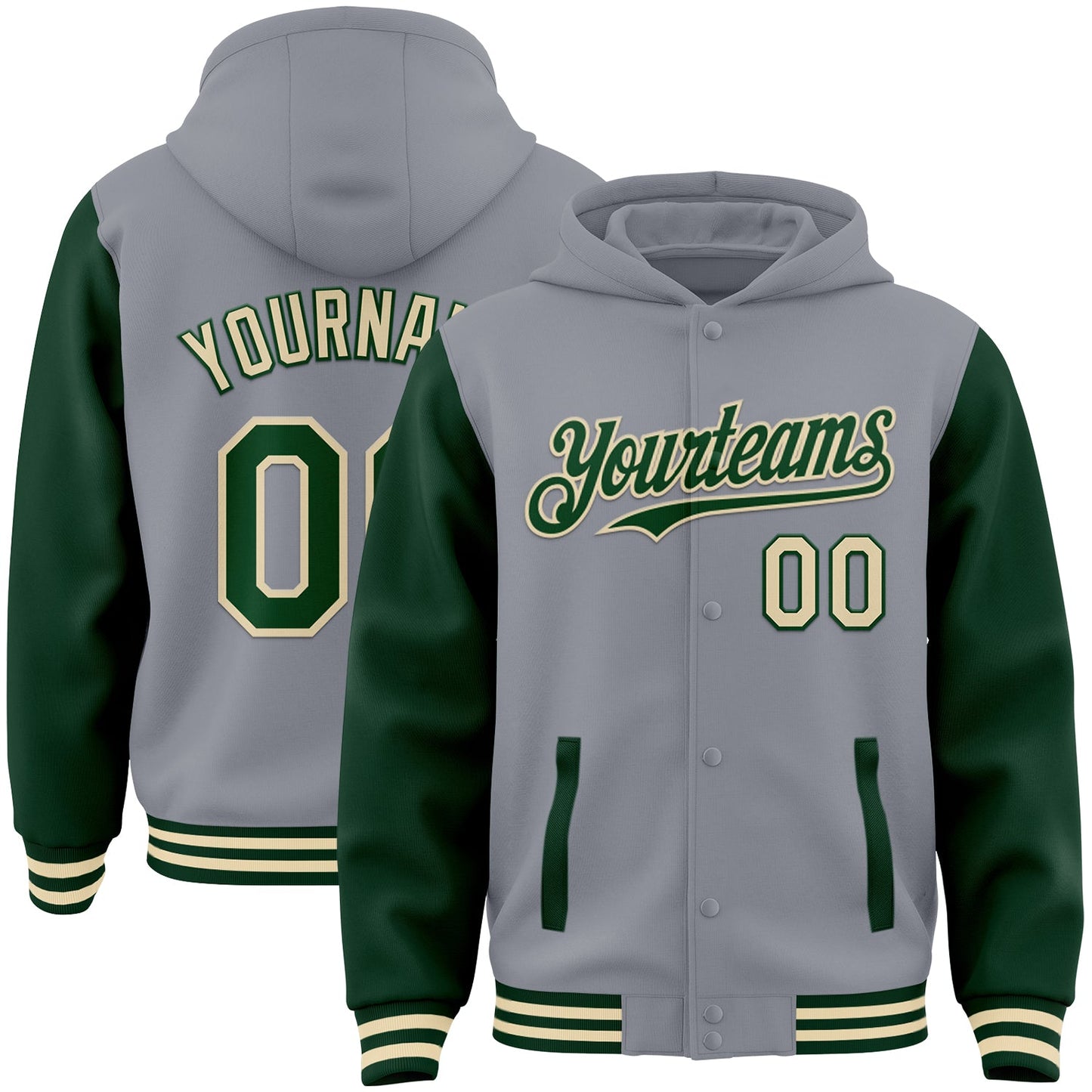 Custom Gray Green-Cream Bomber Full-Snap Varsity Letterman Two Tone Hoodie Jacket - Main View