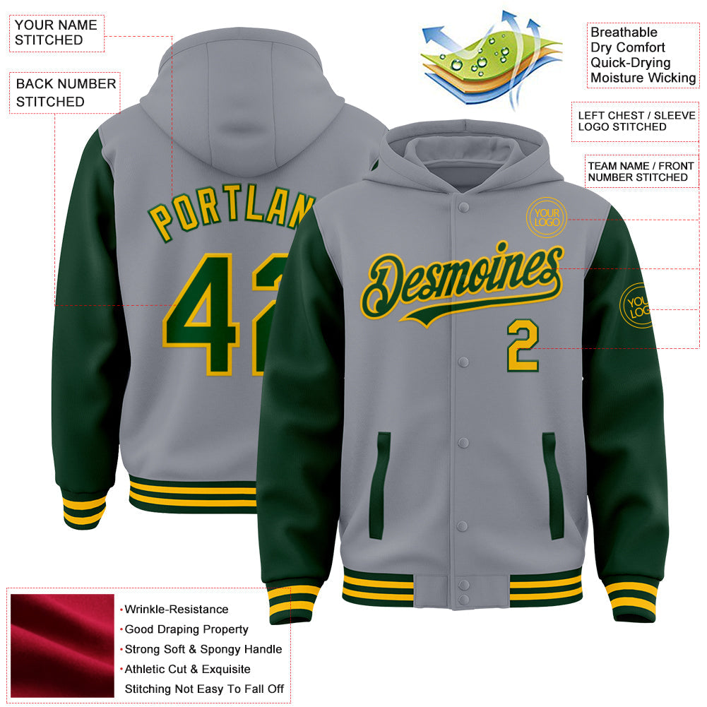 Custom Gray Green-Gold Bomber Full-Snap Varsity Letterman Two Tone Hoodie Jacket view 3