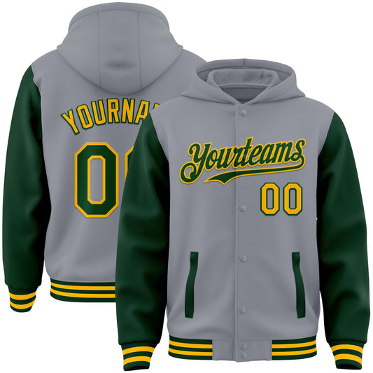 Custom Gray Green-Gold Bomber Full-Snap Varsity Letterman Two Tone Hoodie Jacket - Main View