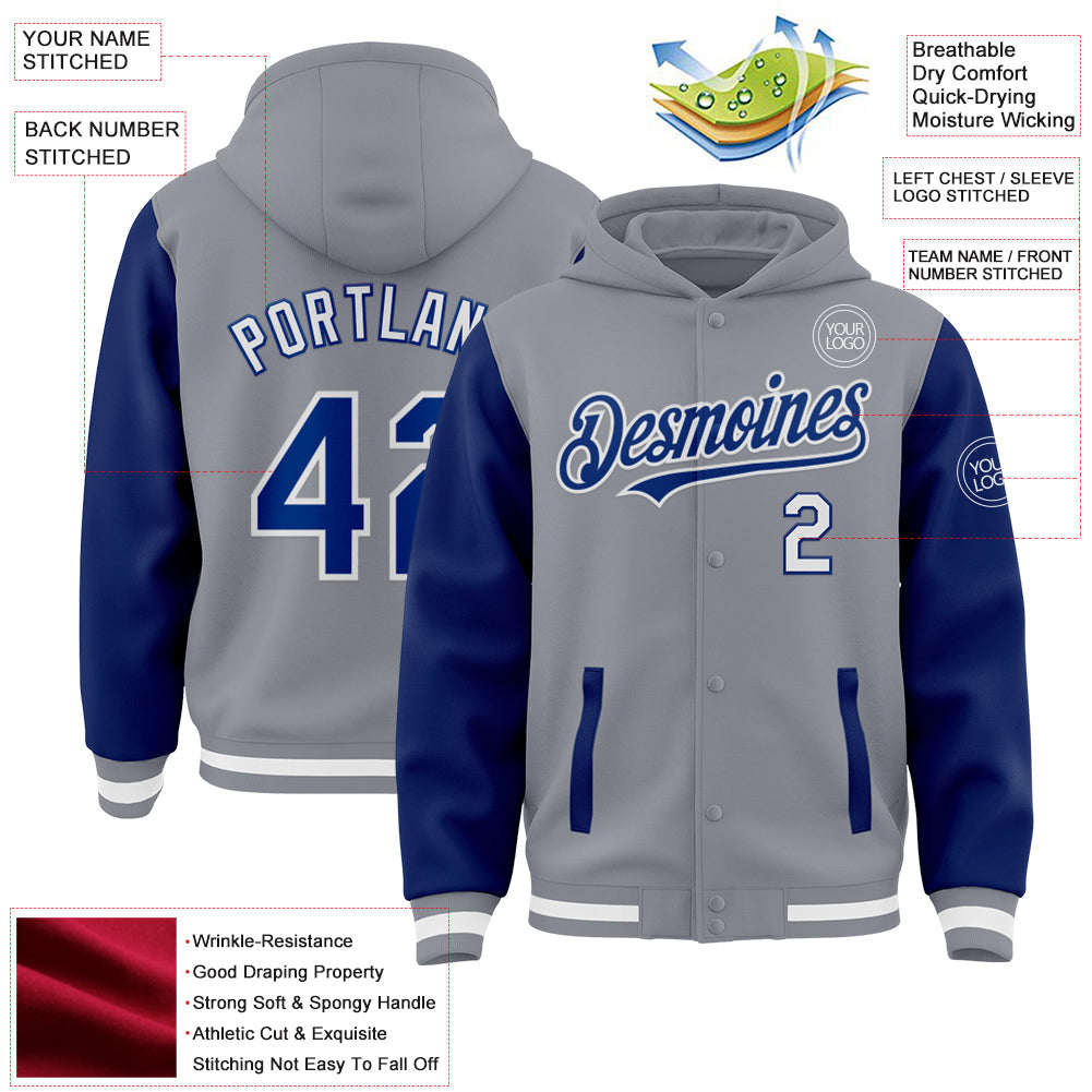 Custom Gray Royal-White Bomber Full-Snap Varsity Letterman Two Tone Hoodie Jacket view 3