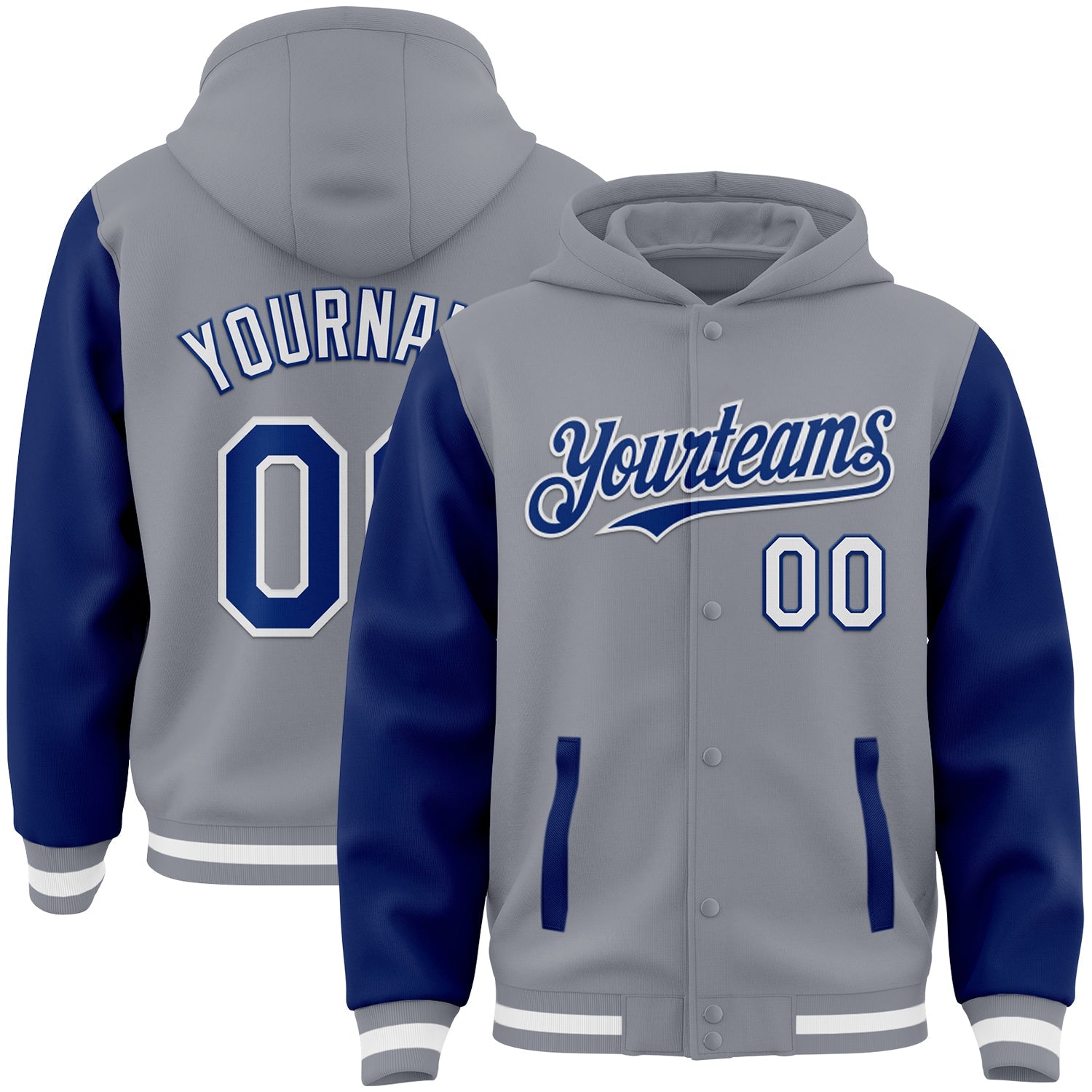 Custom Gray Royal-White Bomber Full-Snap Varsity Letterman Two Tone Hoodie Jacket - Main View
