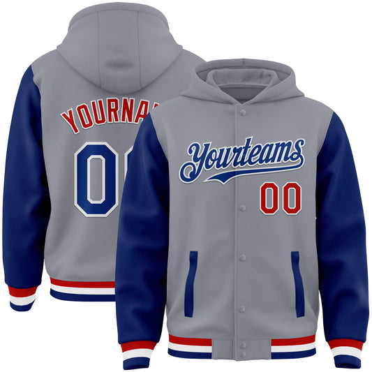 Custom Gray Royal-Red Bomber Full-Snap Varsity Letterman Two Tone Hoodie Jacket - Main View