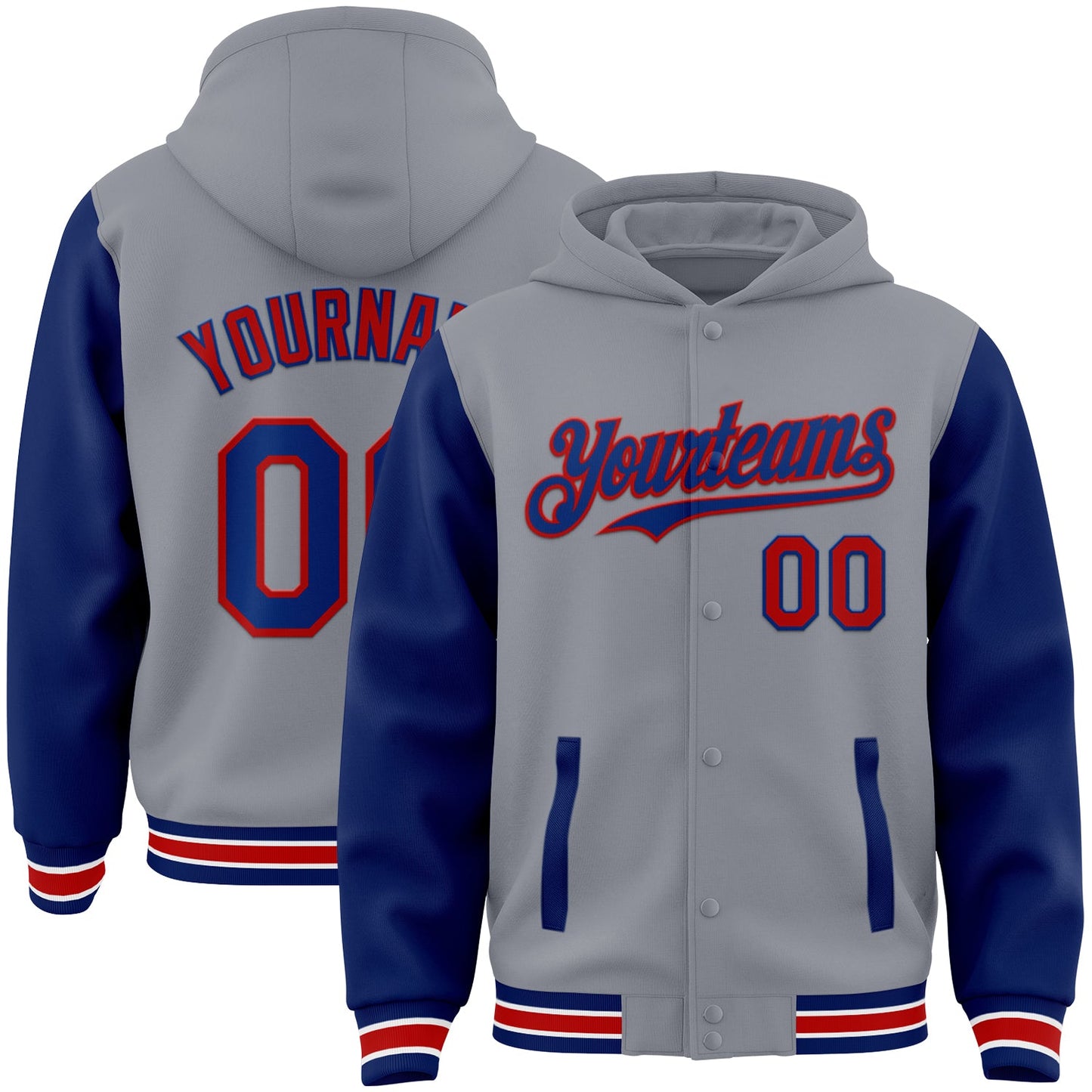 Custom Gray Royal-Red Bomber Full-Snap Varsity Letterman Two Tone Hoodie Jacket - Main View