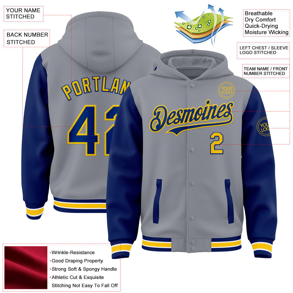 Custom Gray Royal-Yellow Bomber Full-Snap Varsity Letterman Two Tone Hoodie Jacket view 3