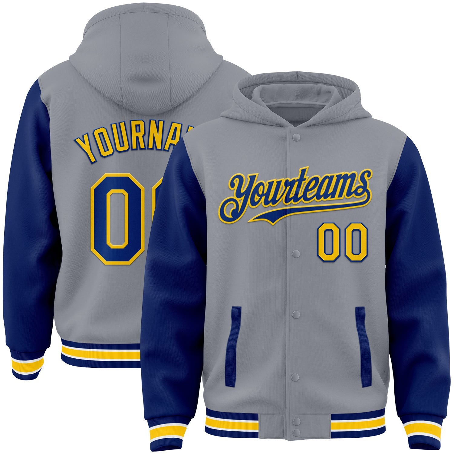 Custom Gray Royal-Yellow Bomber Full-Snap Varsity Letterman Two Tone Hoodie Jacket - Main View