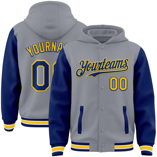 Custom Gray Royal-Yellow Bomber Full-Snap Varsity Letterman Two Tone Hoodie Jacket - Main View