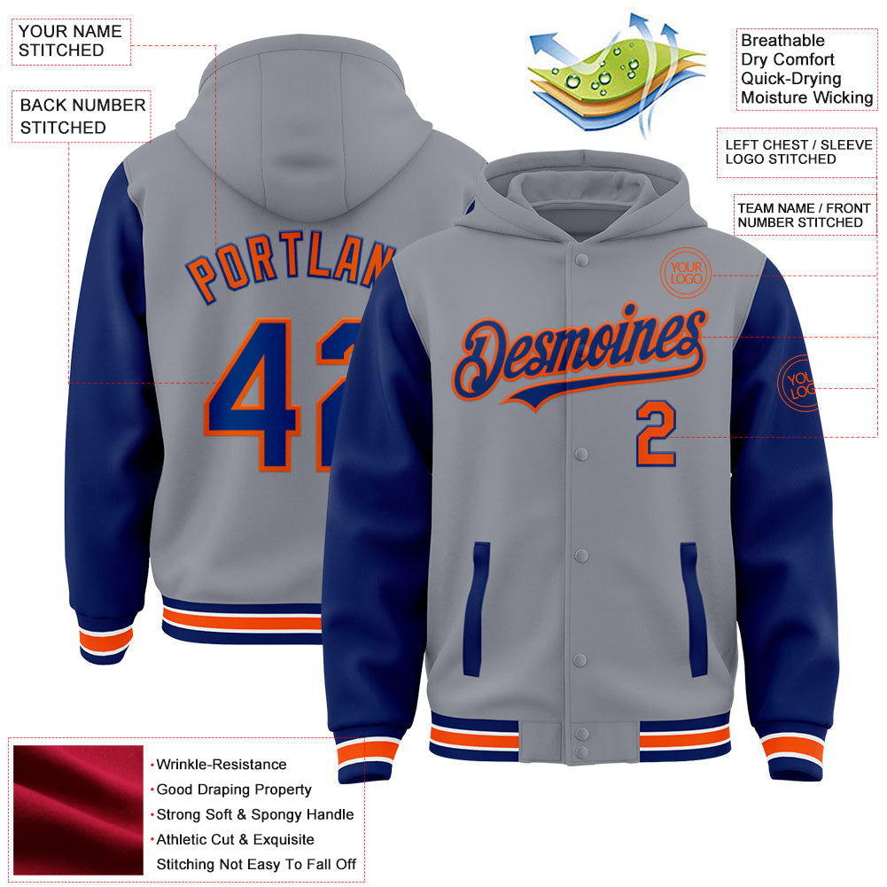 Custom Gray Royal-Orange Bomber Full-Snap Varsity Letterman Two Tone Hoodie Jacket view 3