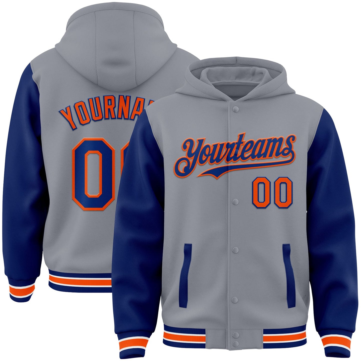Custom Gray Royal-Orange Bomber Full-Snap Varsity Letterman Two Tone Hoodie Jacket - Main View