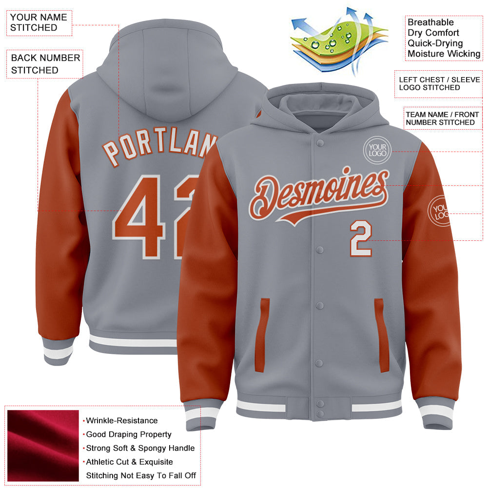 Custom Gray Texas Orange-White Bomber Full-Snap Varsity Letterman Two Tone Hoodie Jacket view 3