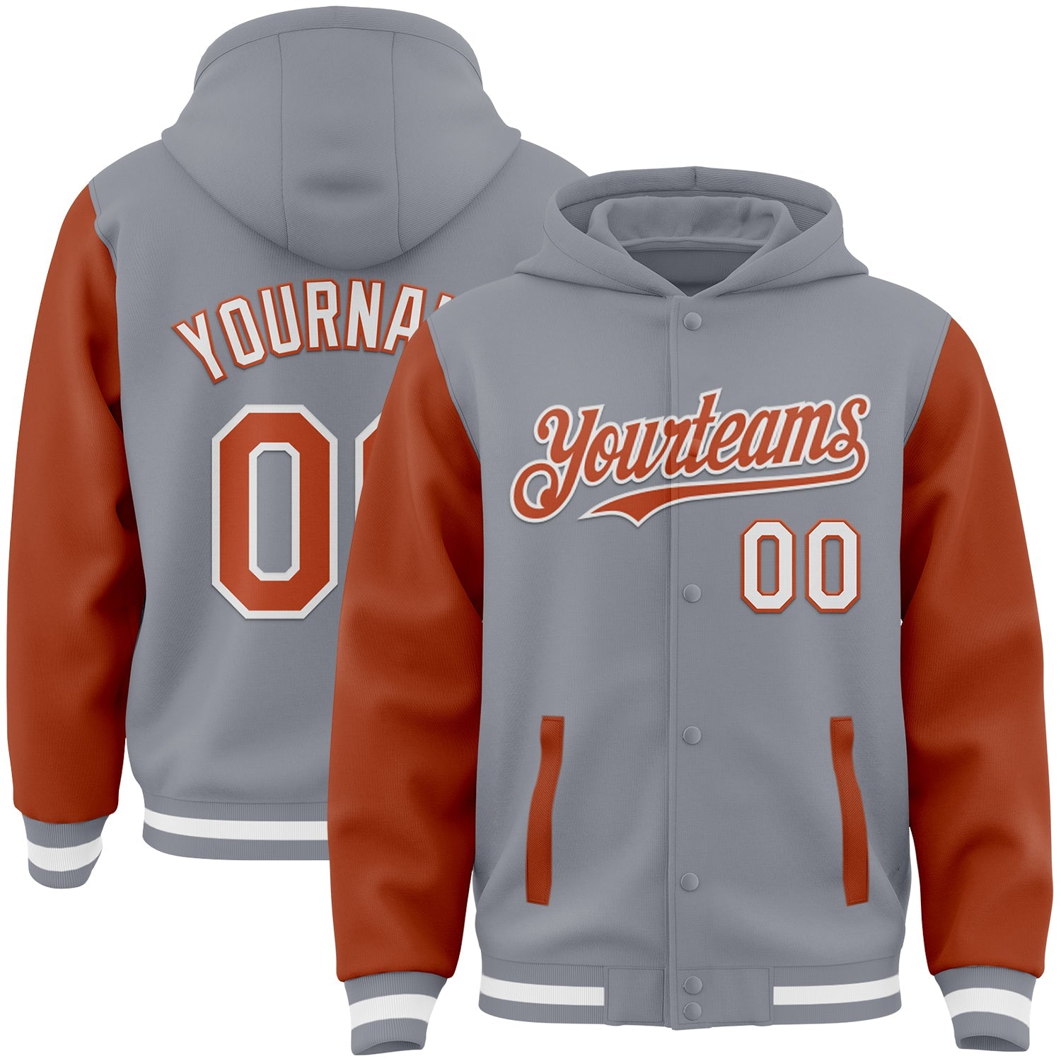 Custom Gray Texas Orange-White Bomber Full-Snap Varsity Letterman Two Tone Hoodie Jacket - Main View