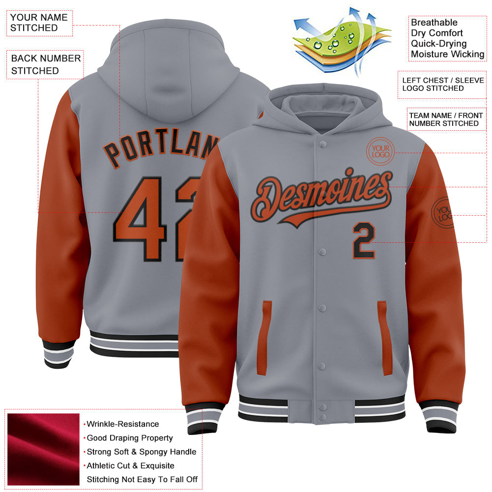 Custom Gray Texas Orange-Black Bomber Full-Snap Varsity Letterman Two Tone Hoodie Jacket view 3
