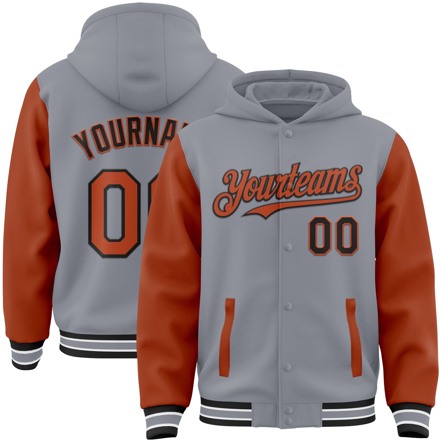 Custom Gray Texas Orange-Black Bomber Full-Snap Varsity Letterman Two Tone Hoodie Jacket - Main View