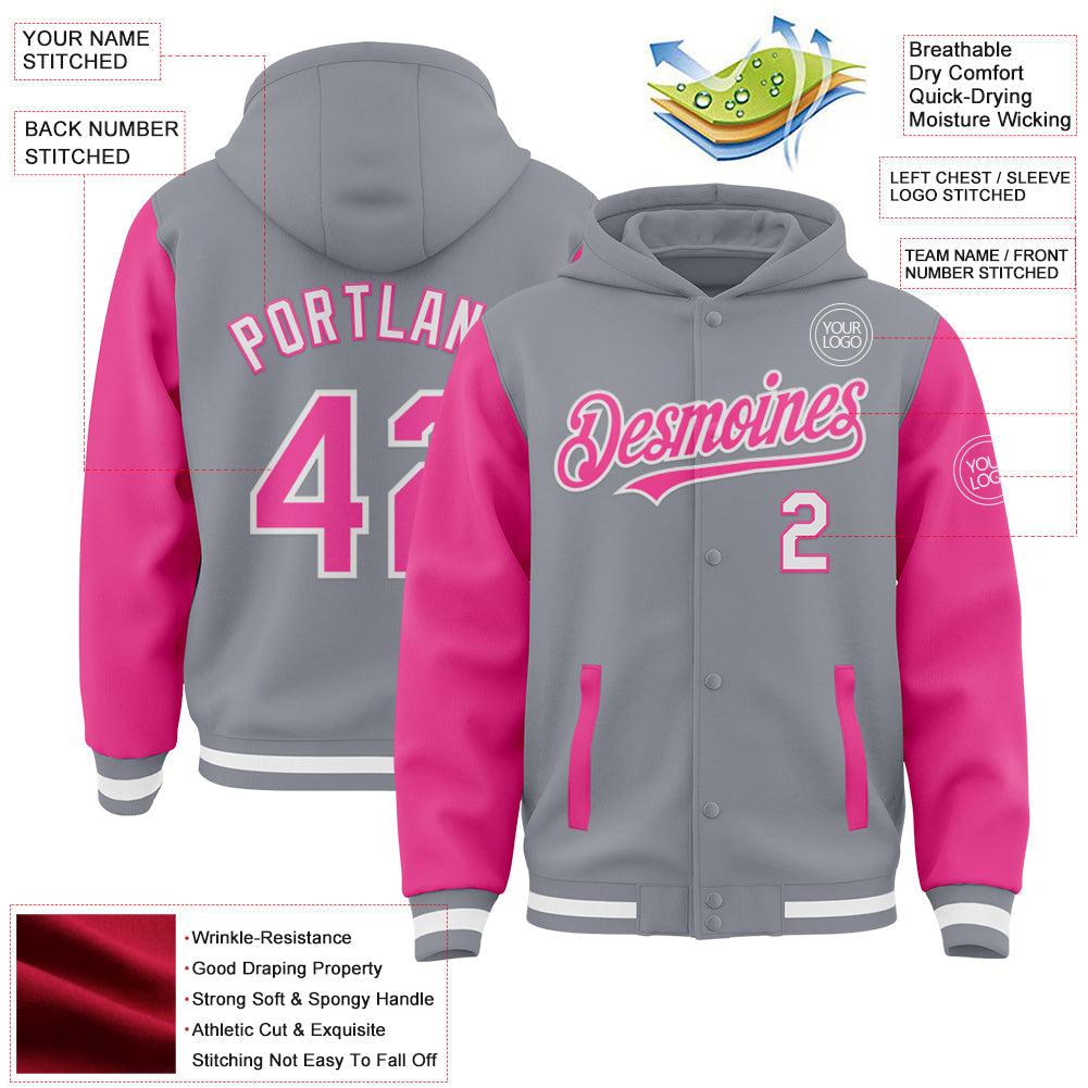 Custom Gray Pink-White Bomber Full-Snap Varsity Letterman Two Tone Hoodie Jacket view 3