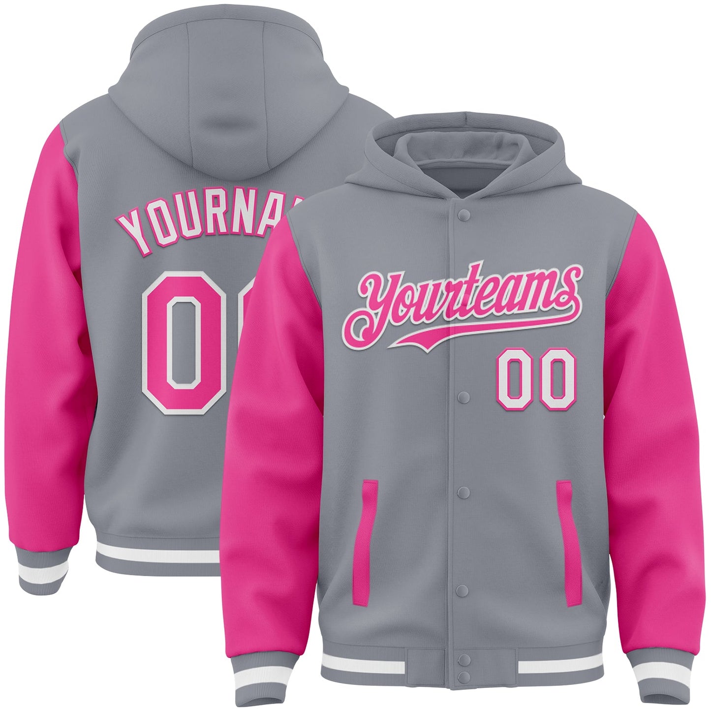 Custom Gray Pink-White Bomber Full-Snap Varsity Letterman Two Tone Hoodie Jacket - Main View