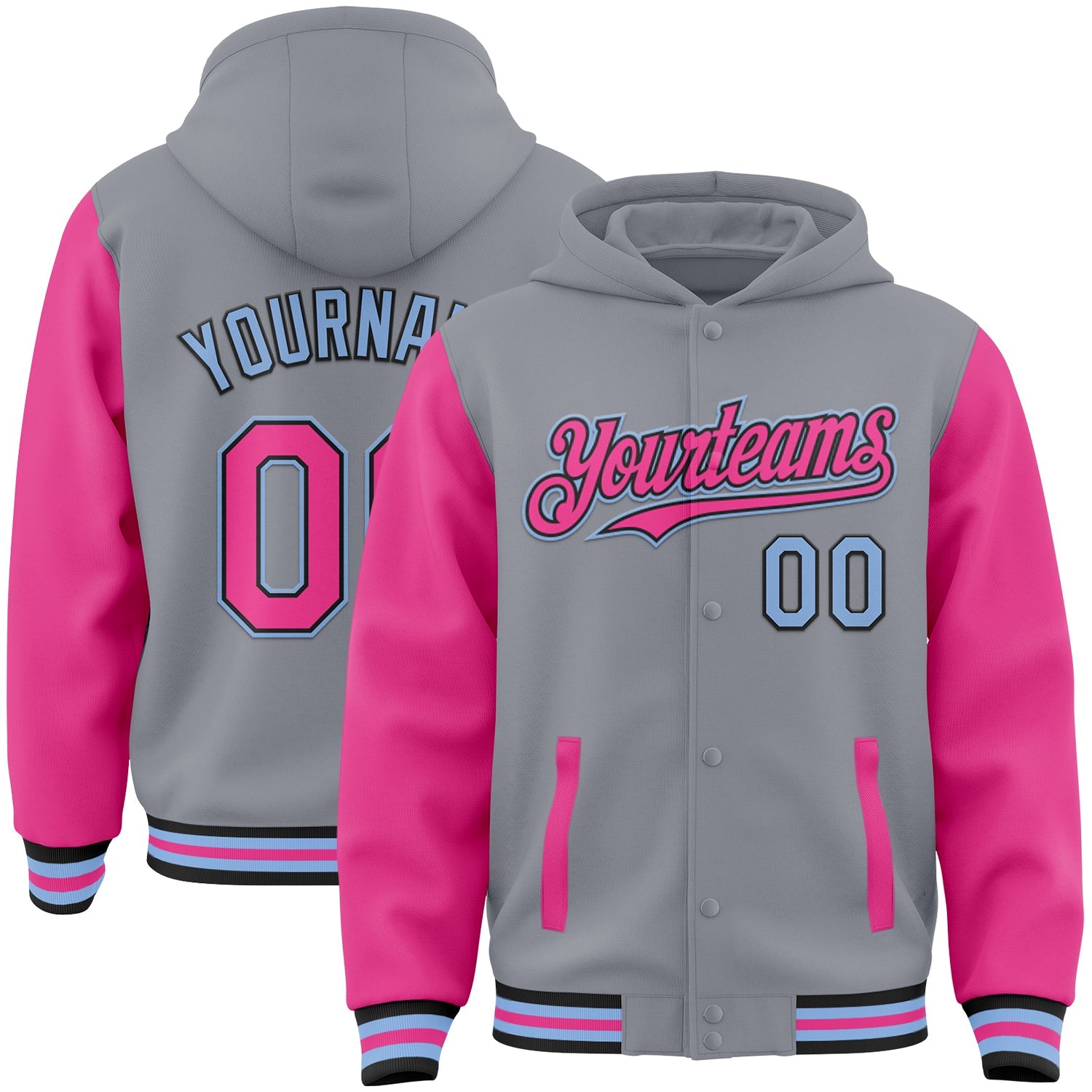 Custom Gray Pink Black-Light Blue Bomber Full-Snap Varsity Letterman Two Tone Hoodie Jacket - Main View