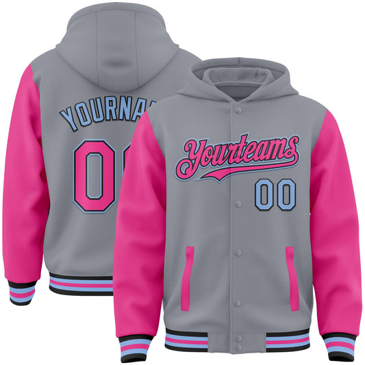 Custom Gray Pink Black-Light Blue Bomber Full-Snap Varsity Letterman Two Tone Hoodie Jacket - Main View