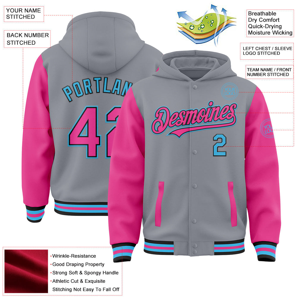 Custom Gray Pink Black-Sky Blue Bomber Full-Snap Varsity Letterman Two Tone Hoodie Jacket view 3
