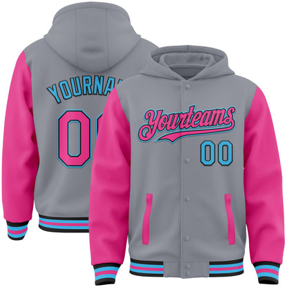 Custom Gray Pink Black-Sky Blue Bomber Full-Snap Varsity Letterman Two Tone Hoodie Jacket - Main View