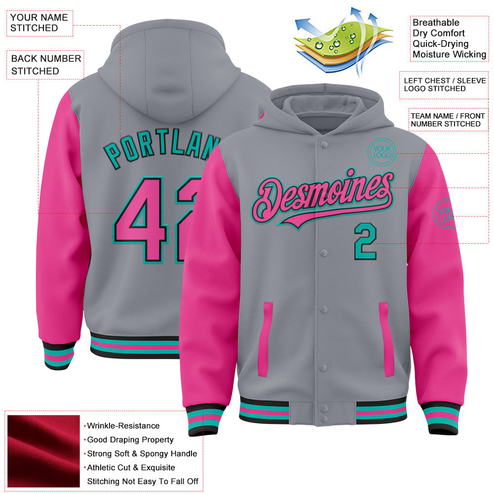Custom Gray Pink Black-Aqua Bomber Full-Snap Varsity Letterman Two Tone Hoodie Jacket view 3