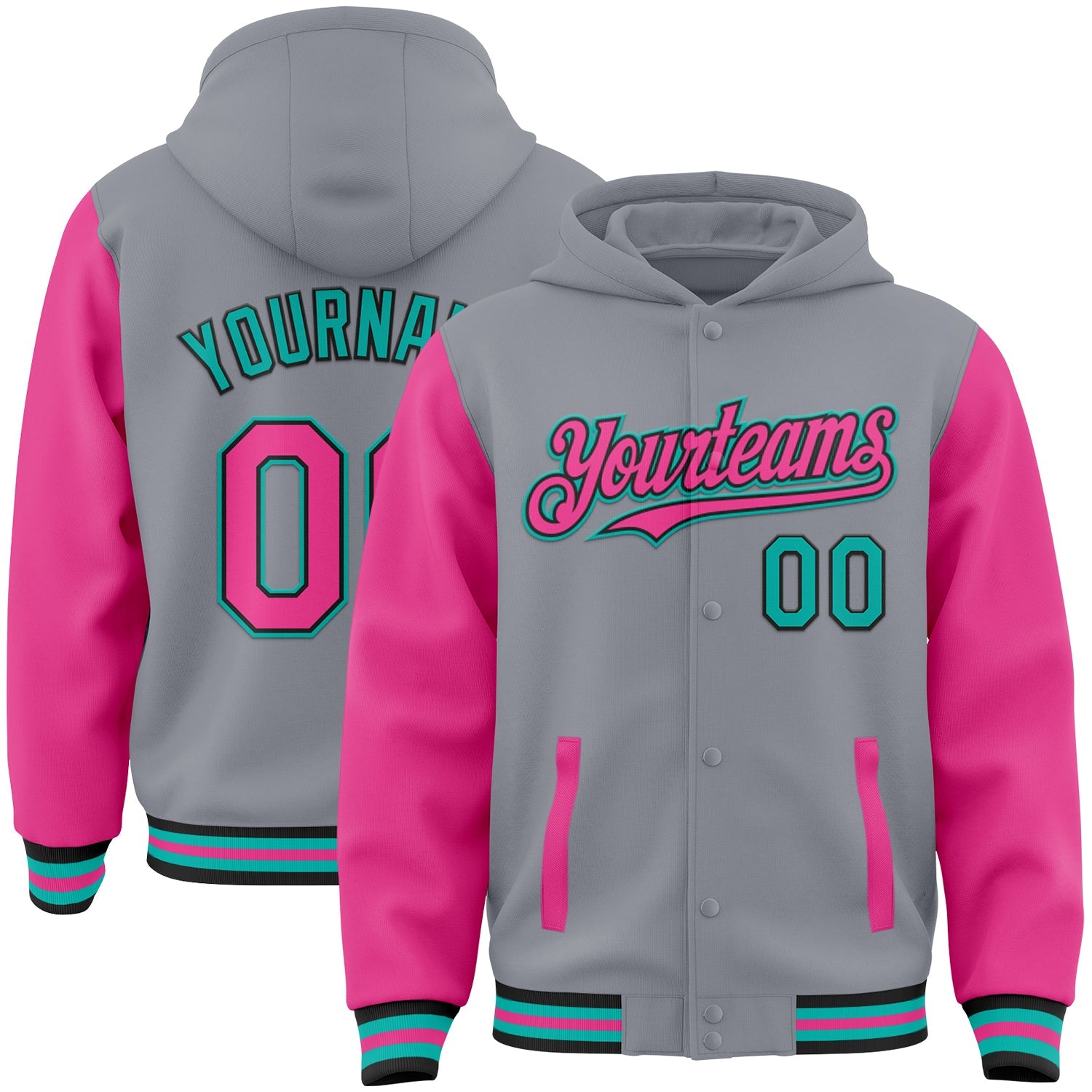 Custom Gray Pink Black-Aqua Bomber Full-Snap Varsity Letterman Two Tone Hoodie Jacket - Main View