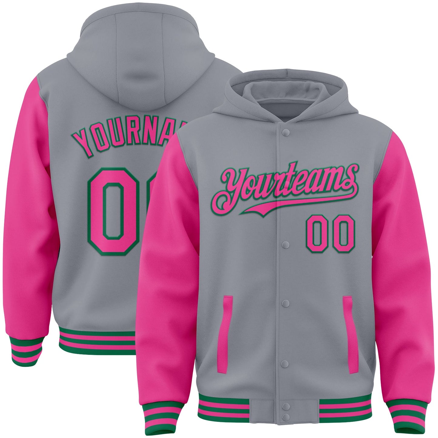 Custom Gray Pink-Kelly Green Bomber Full-Snap Varsity Letterman Two Tone Hoodie Jacket - Main View