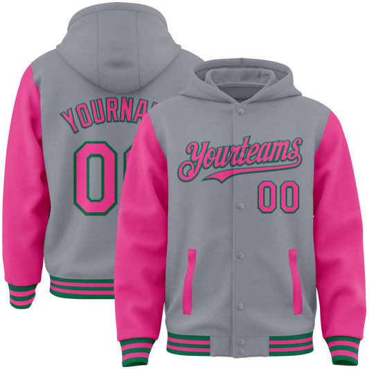 Custom Gray Pink-Kelly Green Bomber Full-Snap Varsity Letterman Two Tone Hoodie Jacket - Main View