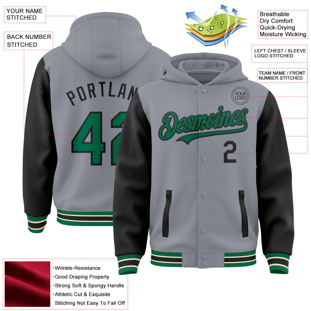 Custom Gray Kelly Green Black-Cream Bomber Full-Snap Varsity Letterman Two Tone Hoodie Jacket view 3