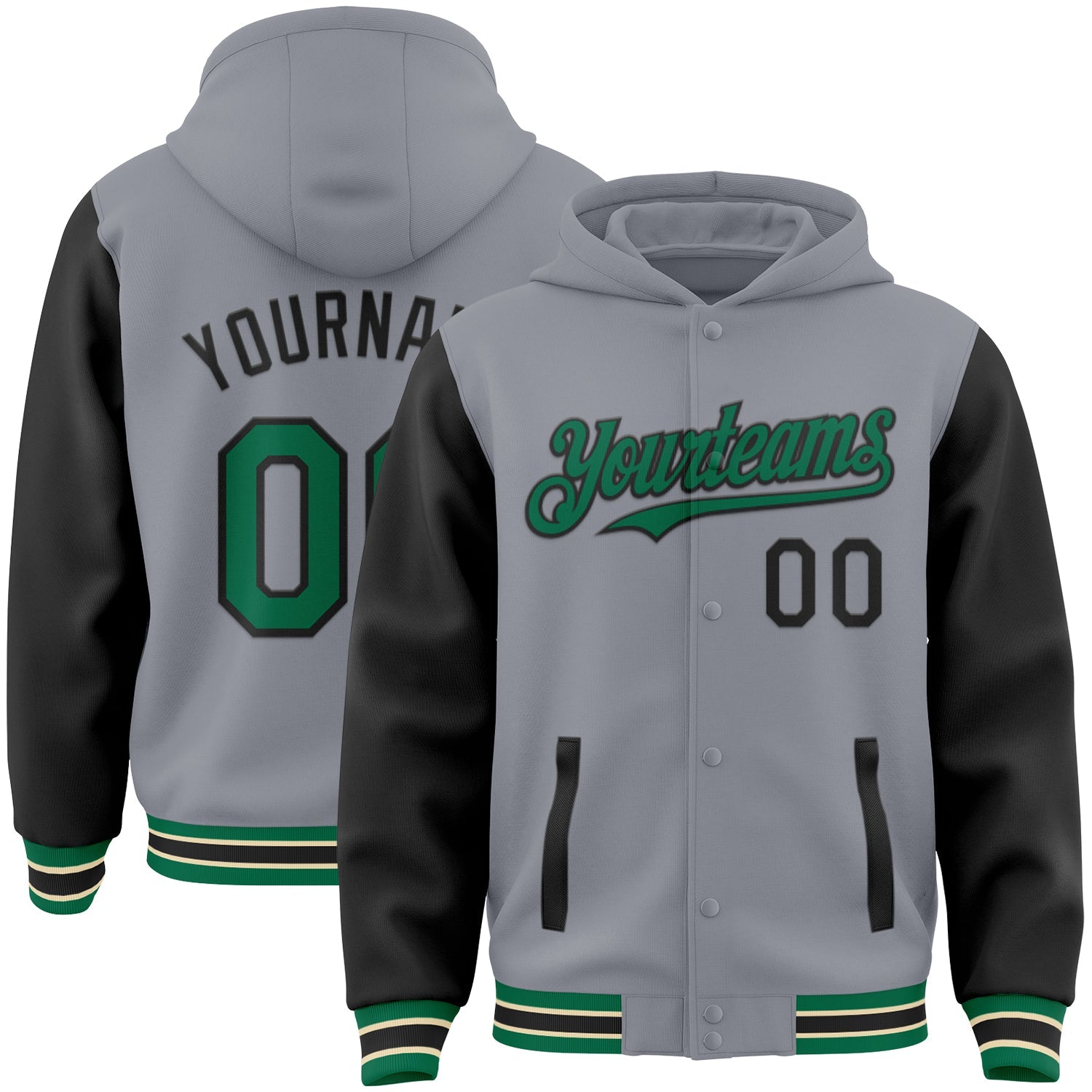 Custom Gray Kelly Green Black-Cream Bomber Full-Snap Varsity Letterman Two Tone Hoodie Jacket - Main View