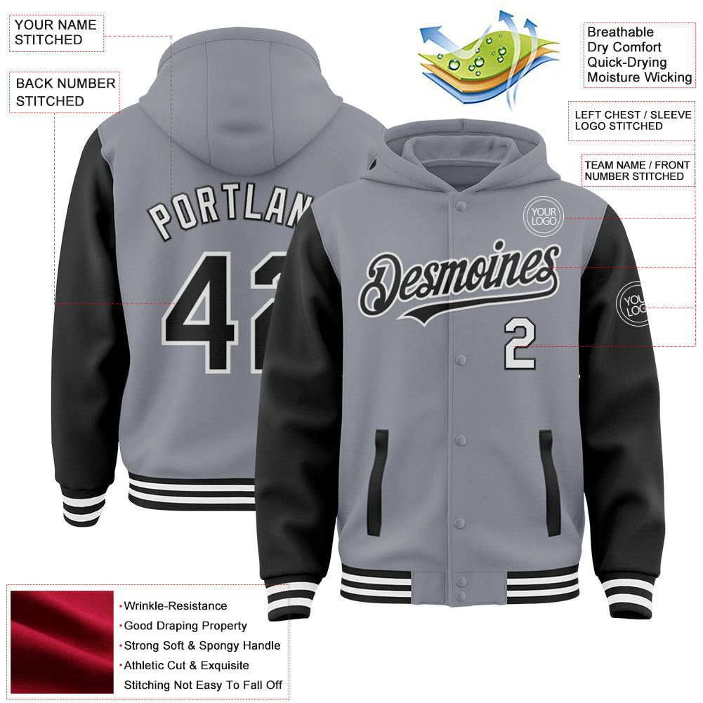 Custom Gray Black-White Bomber Full-Snap Varsity Letterman Two Tone Hoodie Jacket view 3