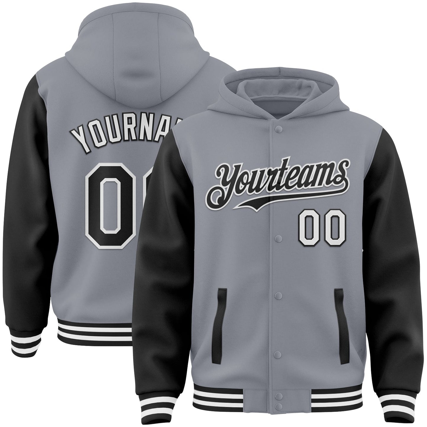Custom Gray Black-White Bomber Full-Snap Varsity Letterman Two Tone Hoodie Jacket - Main View