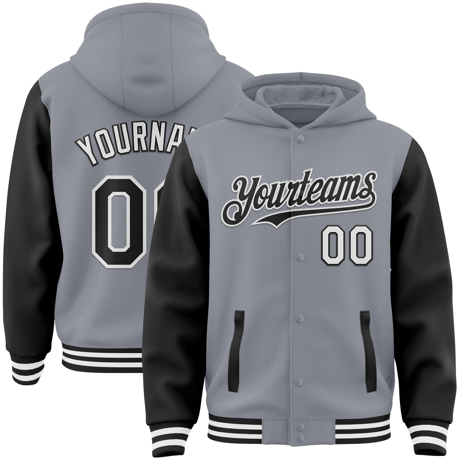 Custom Gray Black-White Bomber Full-Snap Varsity Letterman Two Tone Hoodie Jacket - Main View