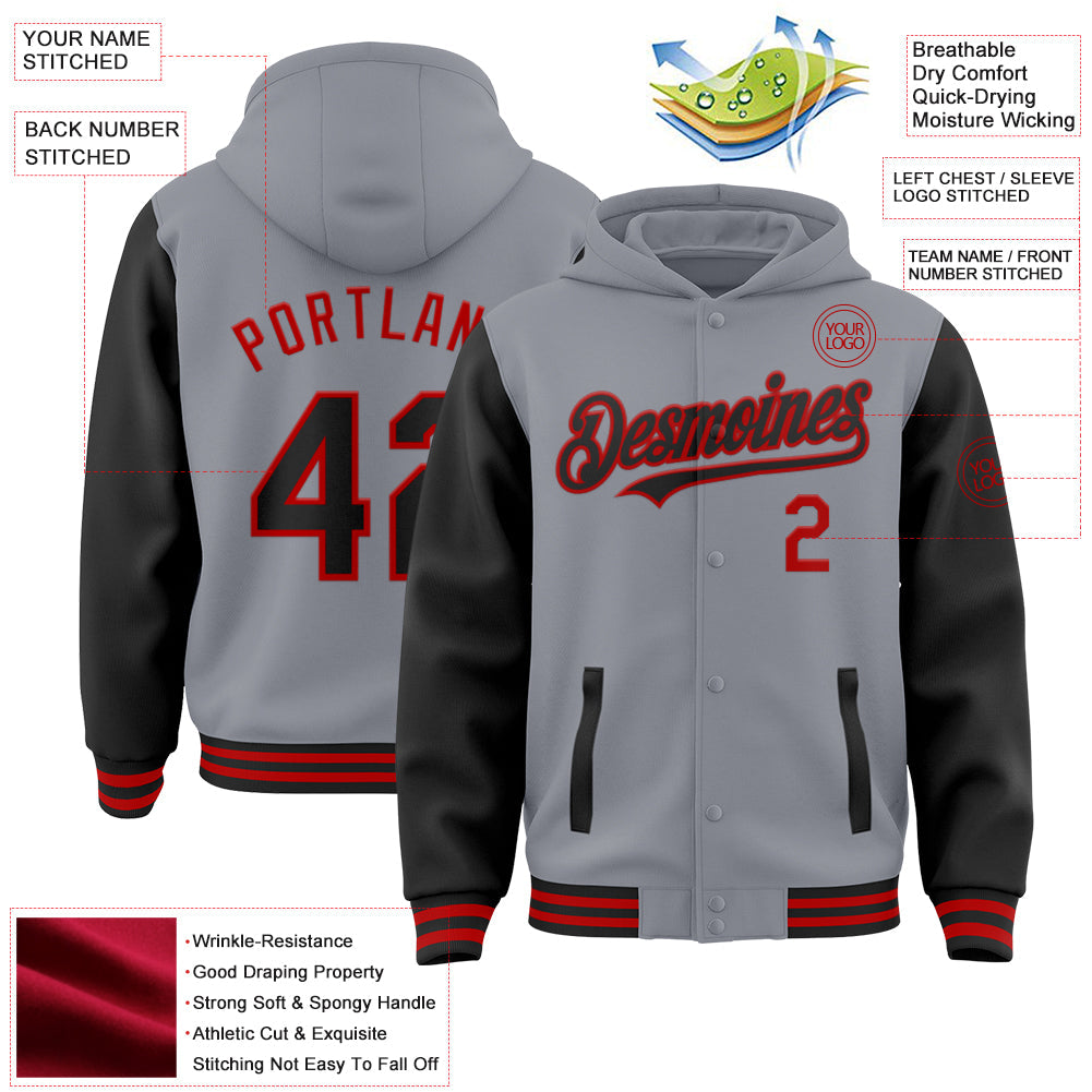 Custom Gray Black-Red Bomber Full-Snap Varsity Letterman Two Tone Hoodie Jacket view 3
