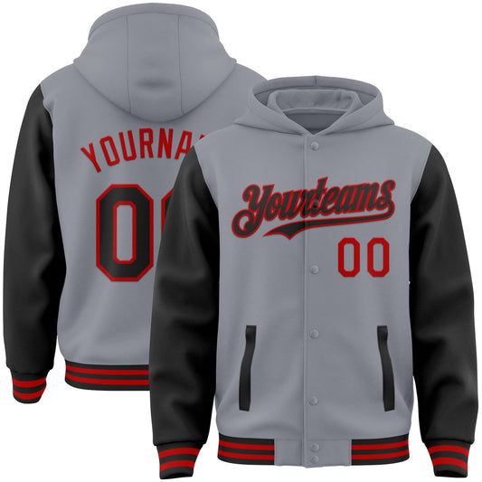Custom Gray Black-Red Bomber Full-Snap Varsity Letterman Two Tone Hoodie Jacket - Main View