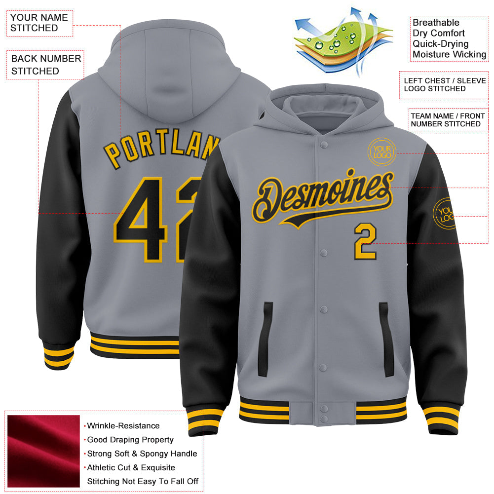 Custom Gray Black-Gold Bomber Full-Snap Varsity Letterman Two Tone Hoodie Jacket view 3