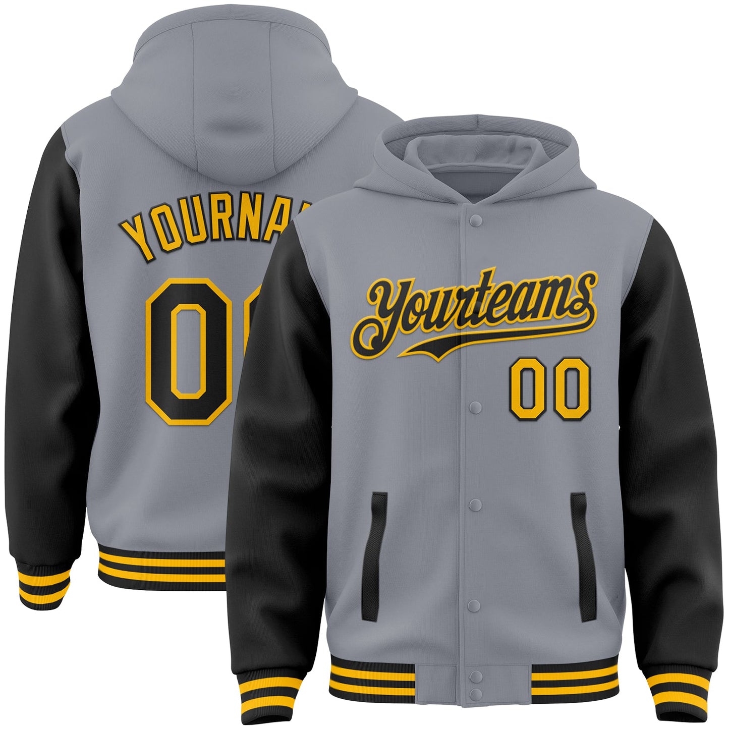 Custom Gray Black-Gold Bomber Full-Snap Varsity Letterman Two Tone Hoodie Jacket - Main View