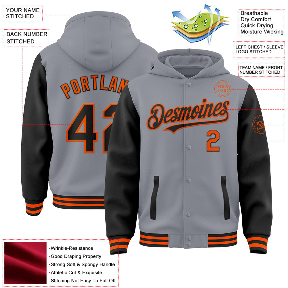 Custom Gray Black-Orange Bomber Full-Snap Varsity Letterman Two Tone Hoodie Jacket view 3
