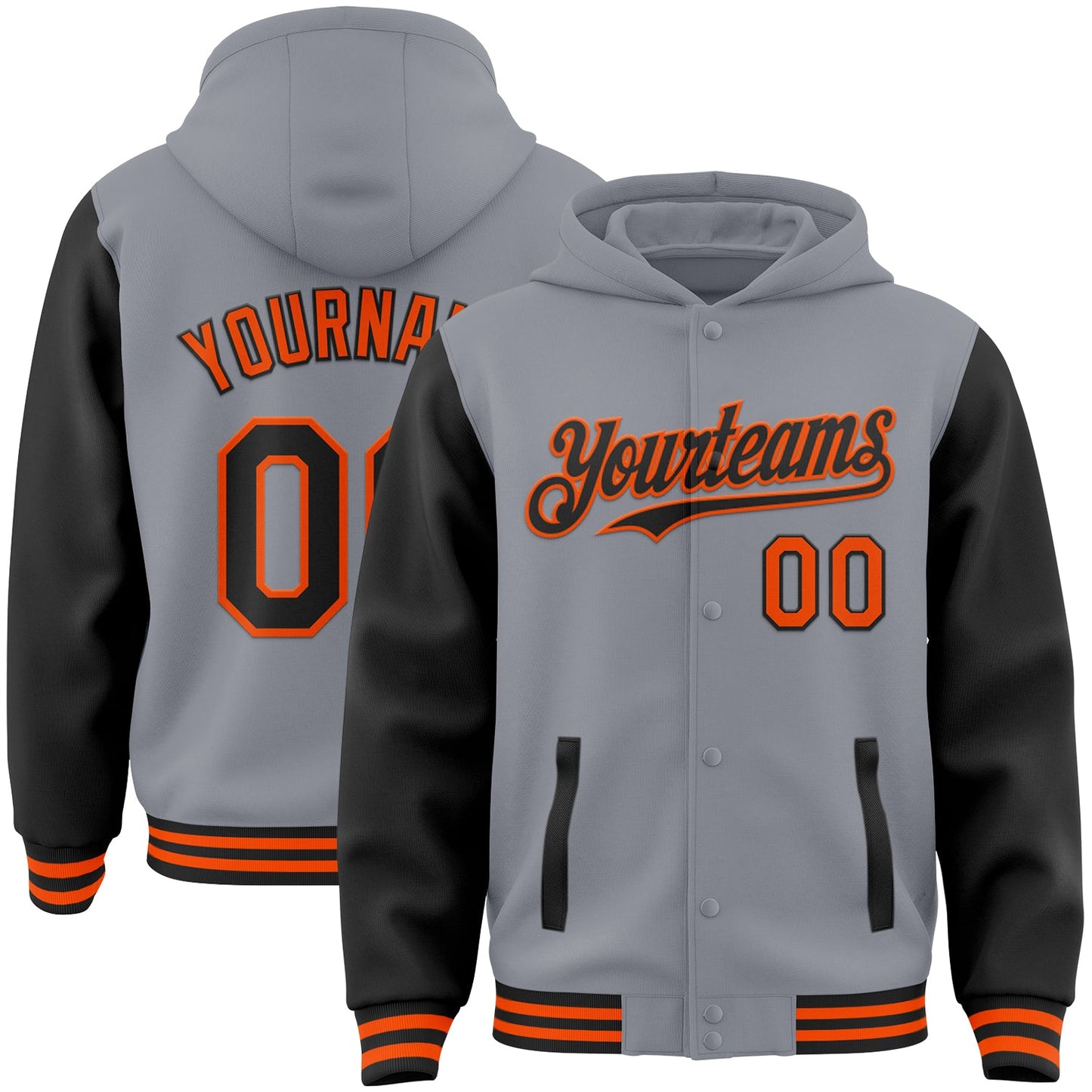Custom Gray Black-Orange Bomber Full-Snap Varsity Letterman Two Tone Hoodie Jacket - Main View