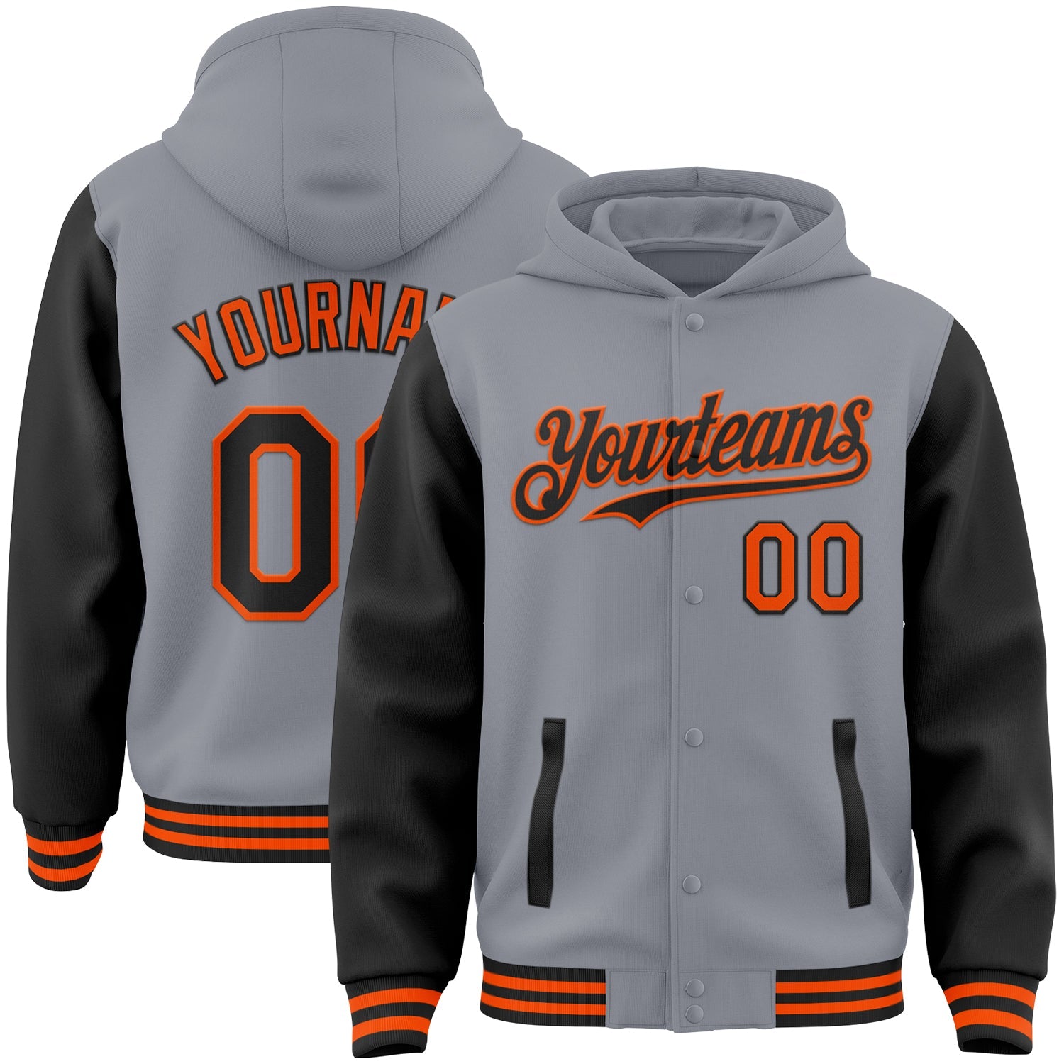 Custom Gray Black-Orange Bomber Full-Snap Varsity Letterman Two Tone Hoodie Jacket - Main View