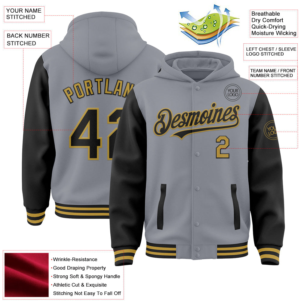 Custom Gray Black-Old Gold Bomber Full-Snap Varsity Letterman Two Tone Hoodie Jacket view 3