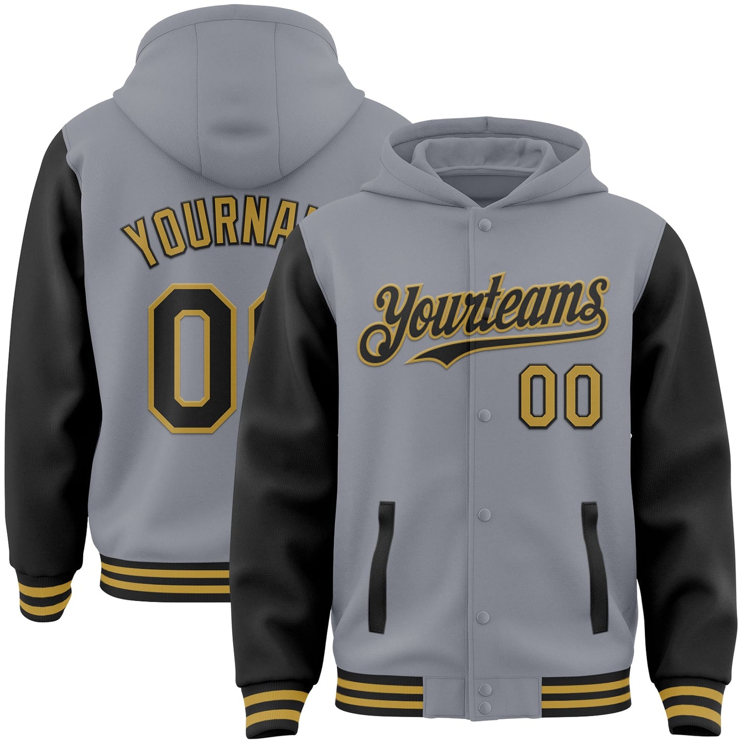 Custom Gray Black-Old Gold Bomber Full-Snap Varsity Letterman Two Tone Hoodie Jacket - Main View