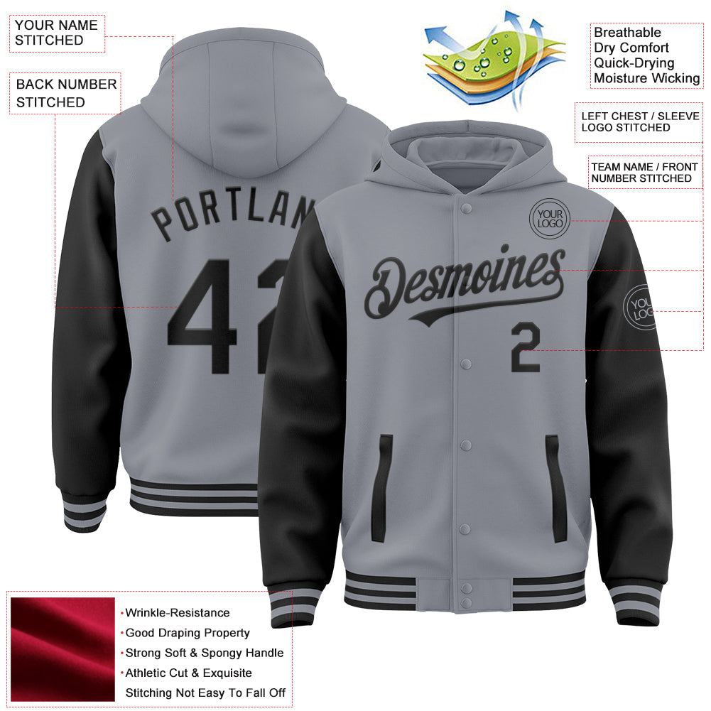 Custom Gray Black Bomber Full-Snap Varsity Letterman Two Tone Hoodie Jacket view 3