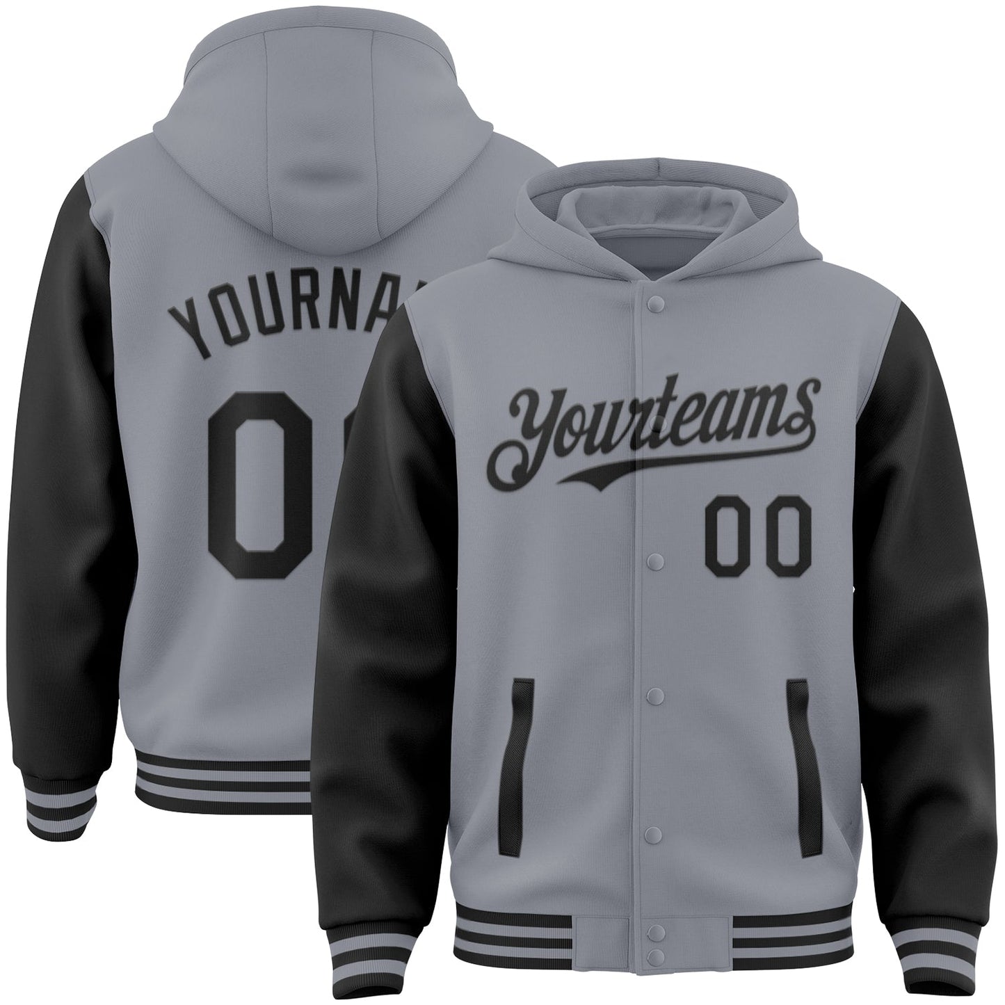 Custom Gray Black Bomber Full-Snap Varsity Letterman Two Tone Hoodie Jacket - Main View