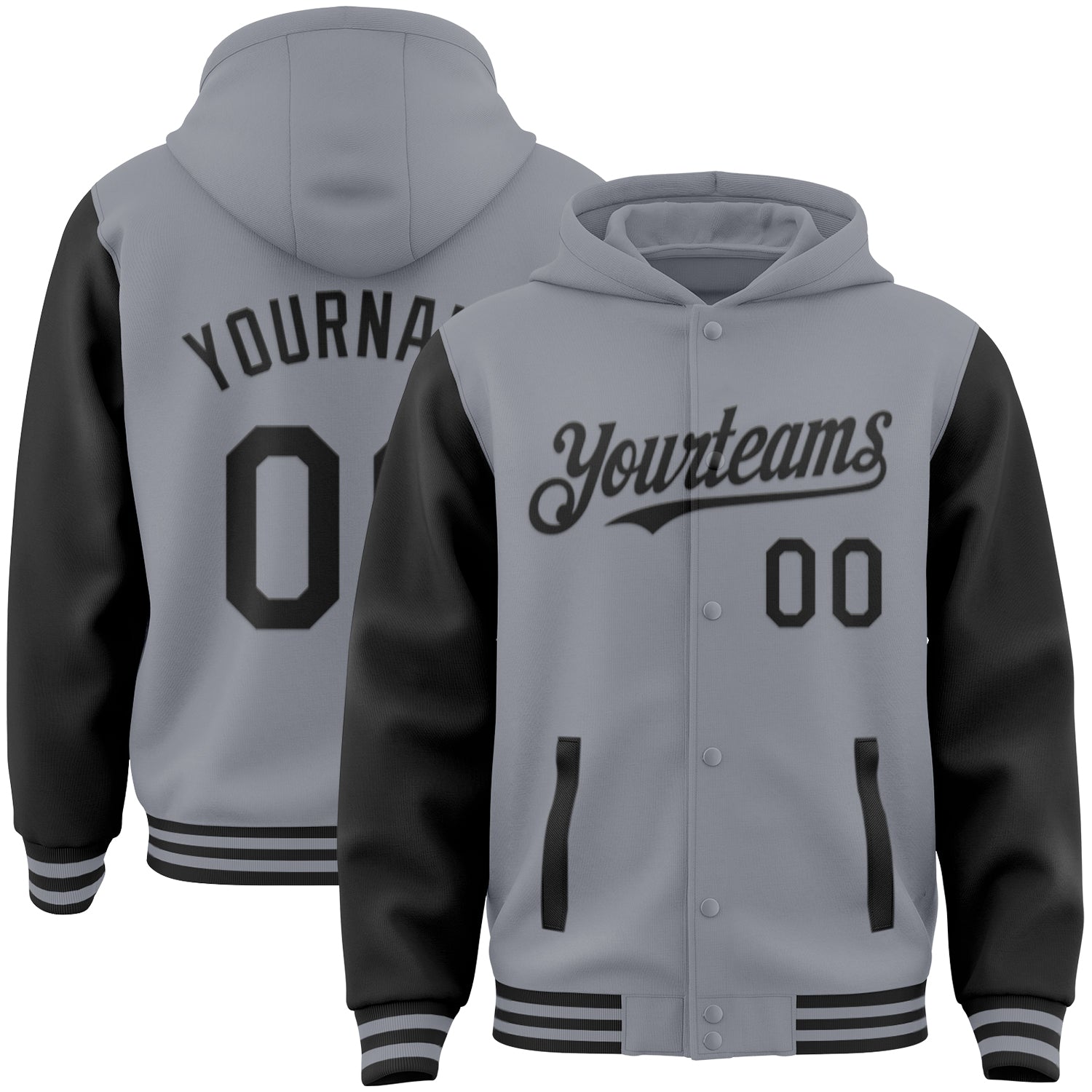 Custom Gray Black Bomber Full-Snap Varsity Letterman Two Tone Hoodie Jacket - Main View